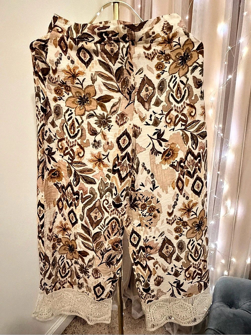 Zara Wide-Leg Crochet Floral Trousers Brown & Cream